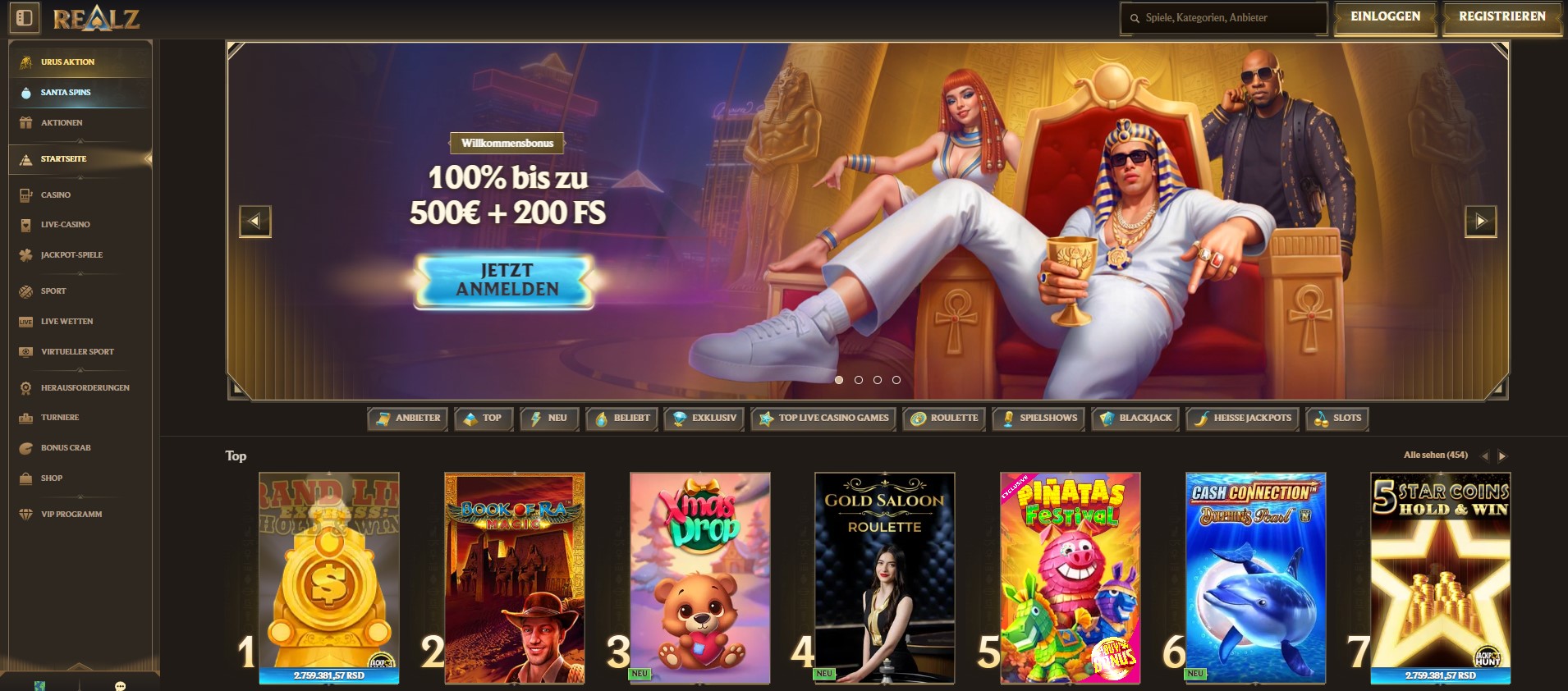 Startseite des REALZ Online-Casinos mit Willkommensbonus, Spielauswahl, Navigationsmenü und beliebten Slot-Titeln in deutscher Sprache.